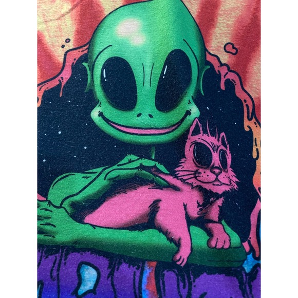 Tie dye UFO Alien Cat Kitten Hippie Shirt XL 23x27 Stretch material - Picture 8 of 9